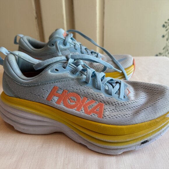 Hoka Bondi 8 Running Walking Shoes Summer Song LIght Blue Yellow Sz 8B - Picture 1 of 7